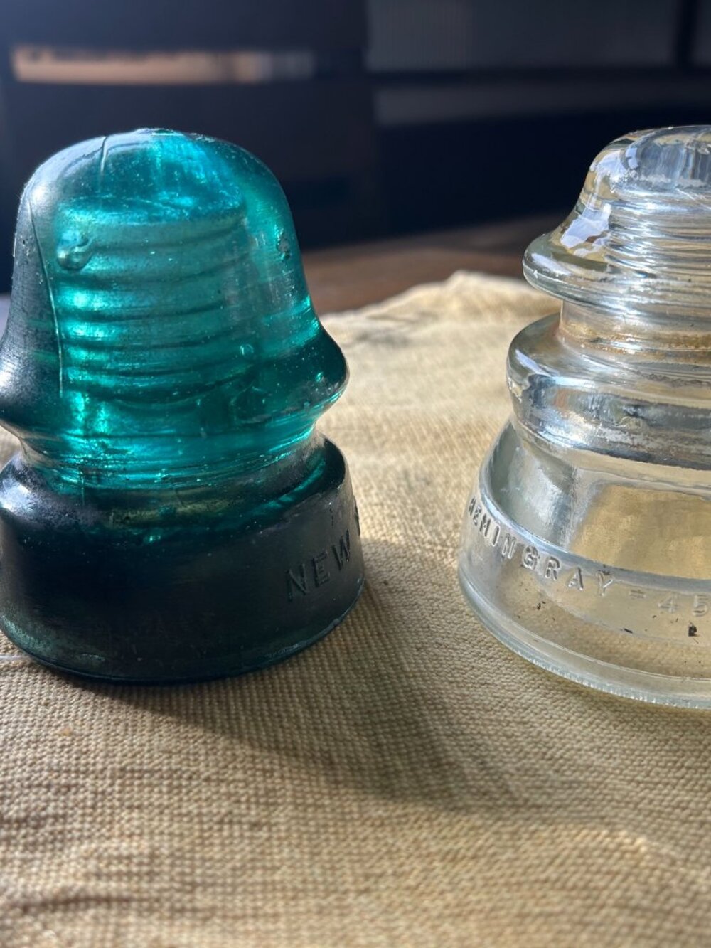 Vintage Glass Insulators - Green and Clear 4 in tall 3.5 in dia